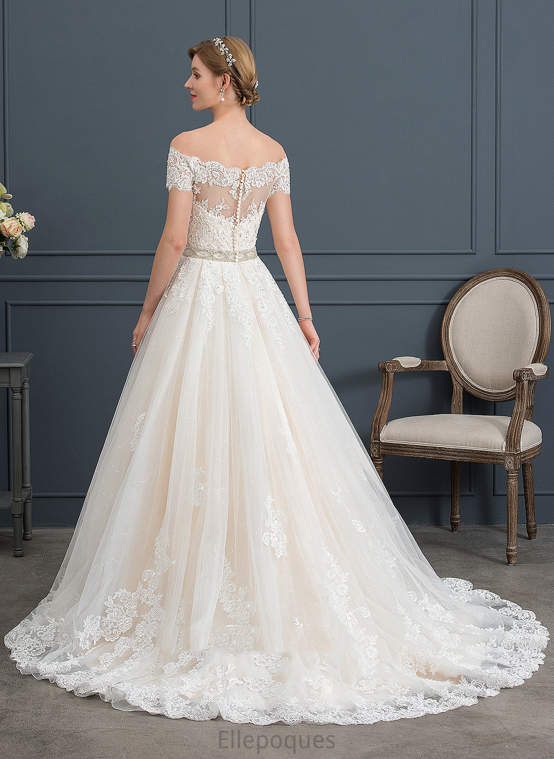 Beading Wedding Dress With Tori Ball-Gown/Princess Wedding Dresses Tulle Sequins Off-the-Shoulder Train Lace Court