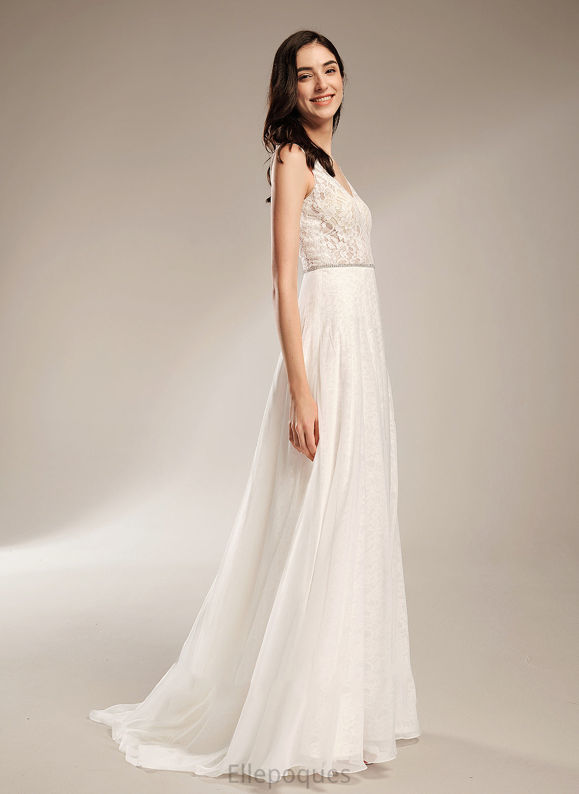 V-neck With Train Beading A-Line Sweep Wedding Teagan Wedding Dresses Dress