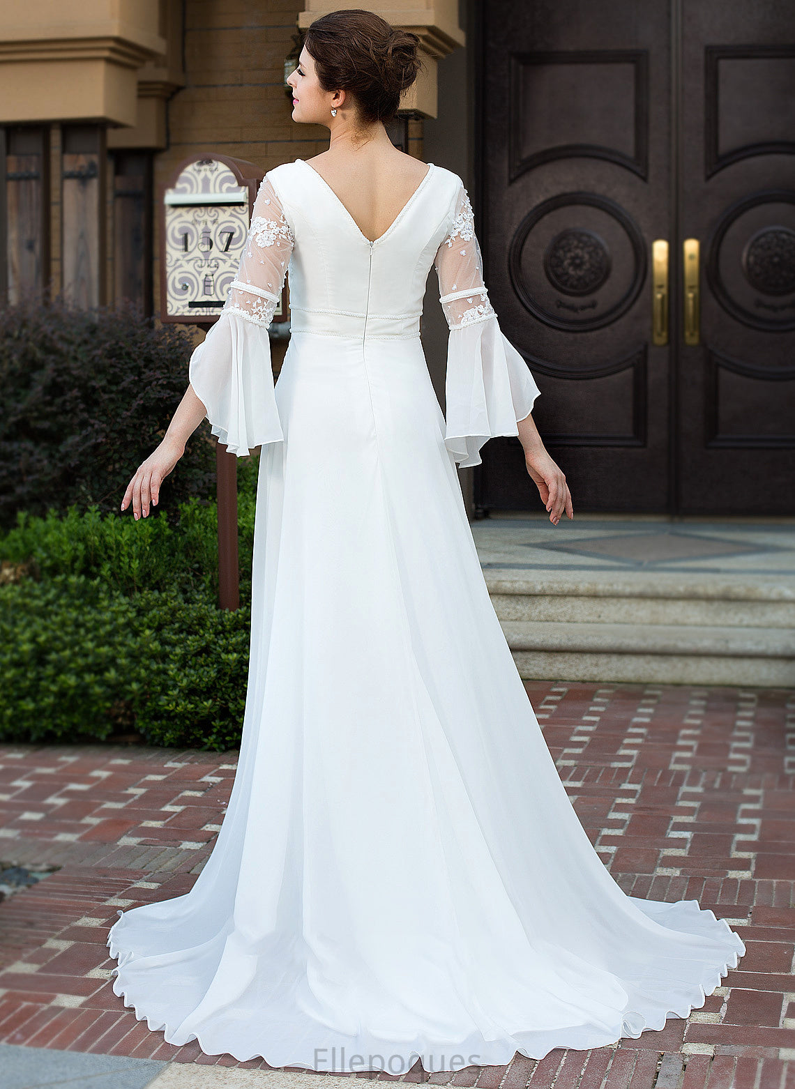 Court Beading Wedding Dresses Chiffon V-neck Train With Hadassah Lace Wedding A-Line Dress