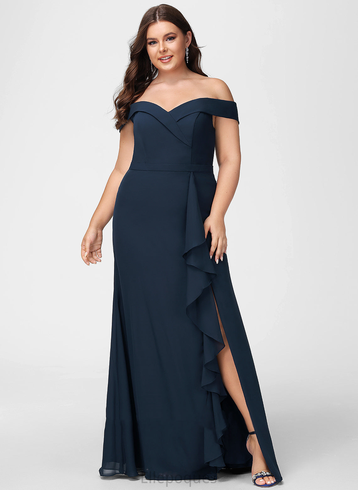 Embellishment Ruffle Neckline A-Line Off-the-Shoulder Fabric Floor-Length Silhouette Length Elisa Trumpet/Mermaid Velvet Bridesmaid Dresses