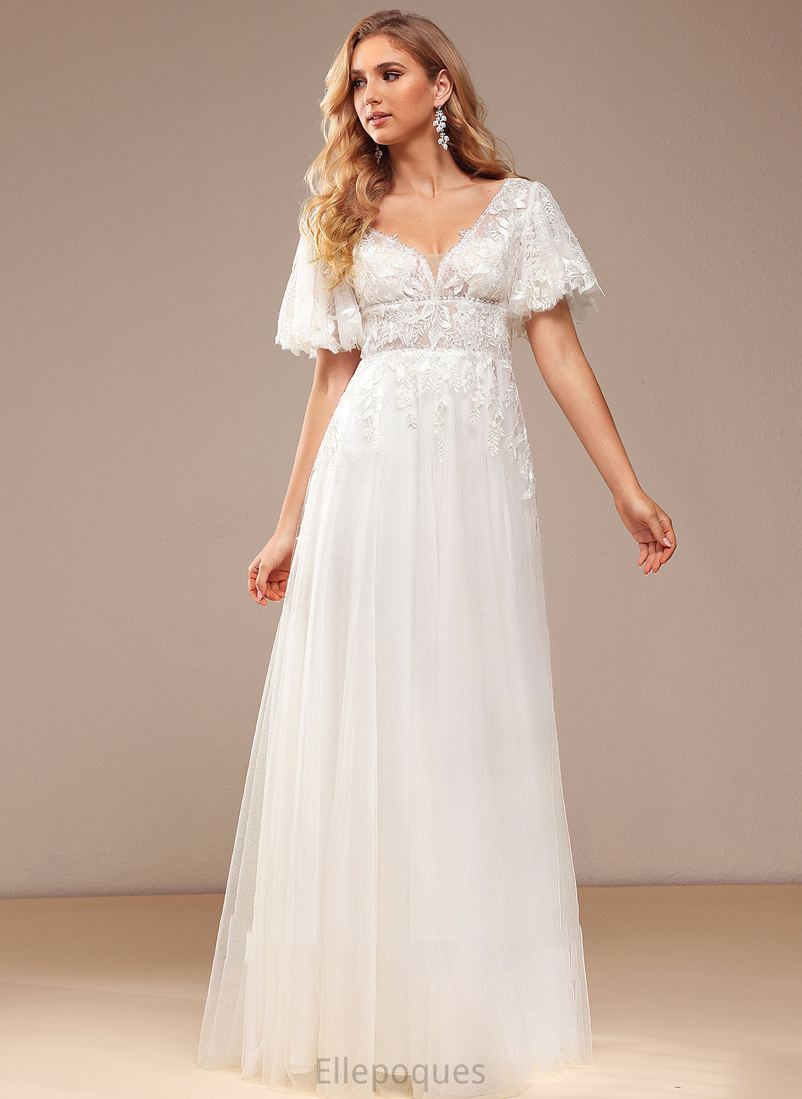 With Tulle Dress Floor-Length Beading Sequins V-neck Lace Wedding Dresses Wedding Lace A-Line Elva