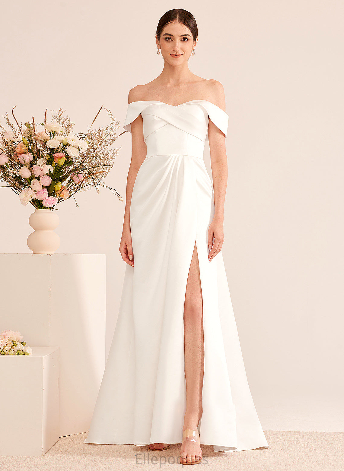 Dress Ruffle Wedding Split With A-Line Sweep Kaleigh Front Wedding Dresses Off-the-Shoulder Train