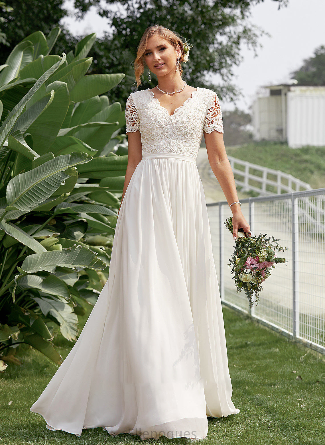 Addyson Floor-Length Lace Wedding Dresses A-Line Chiffon V-neck Wedding Dress