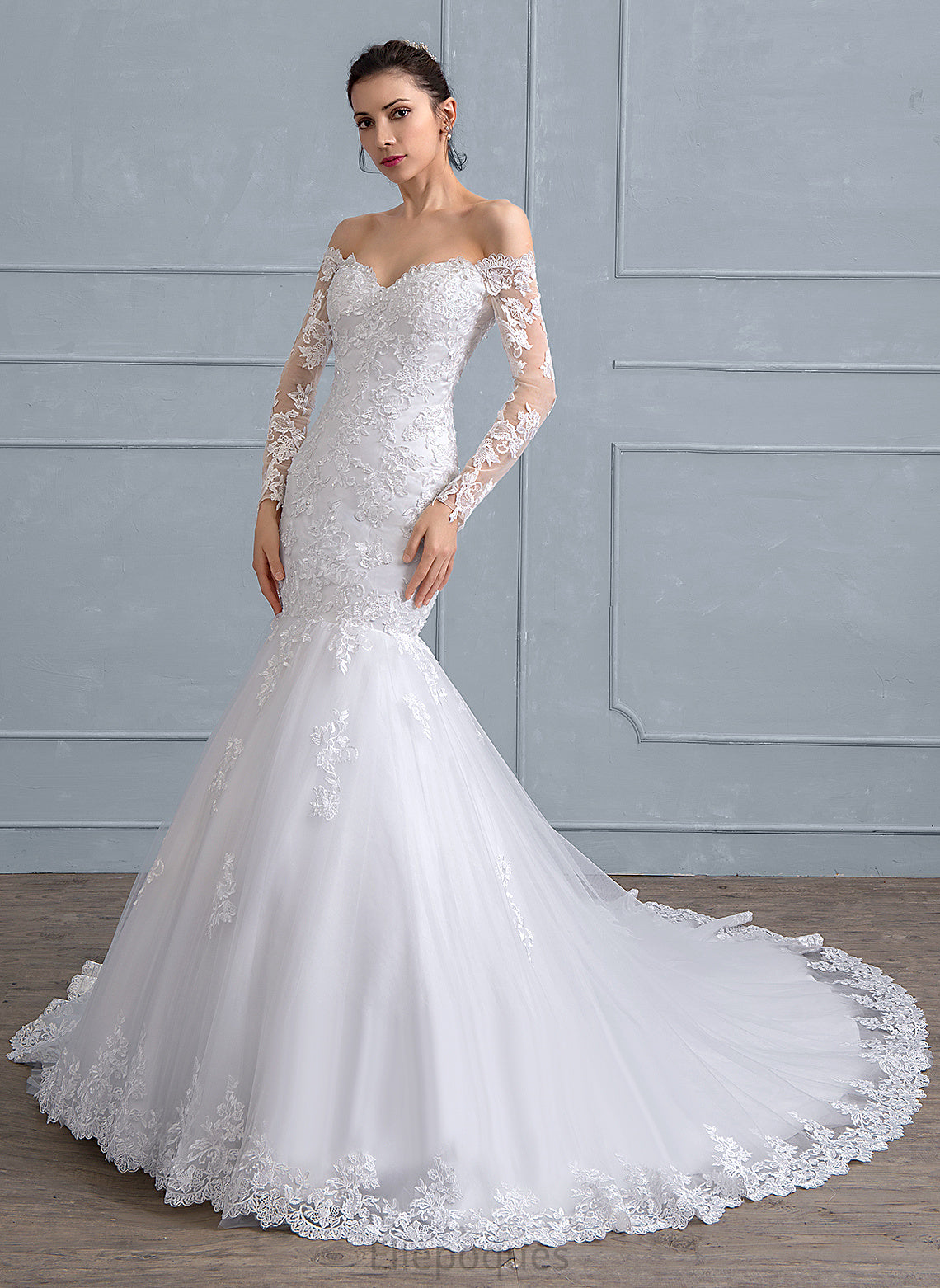 Train Wedding Beading Court Dress With Trumpet/Mermaid Wedding Dresses Camryn Lace Tulle Sequins Off-the-Shoulder