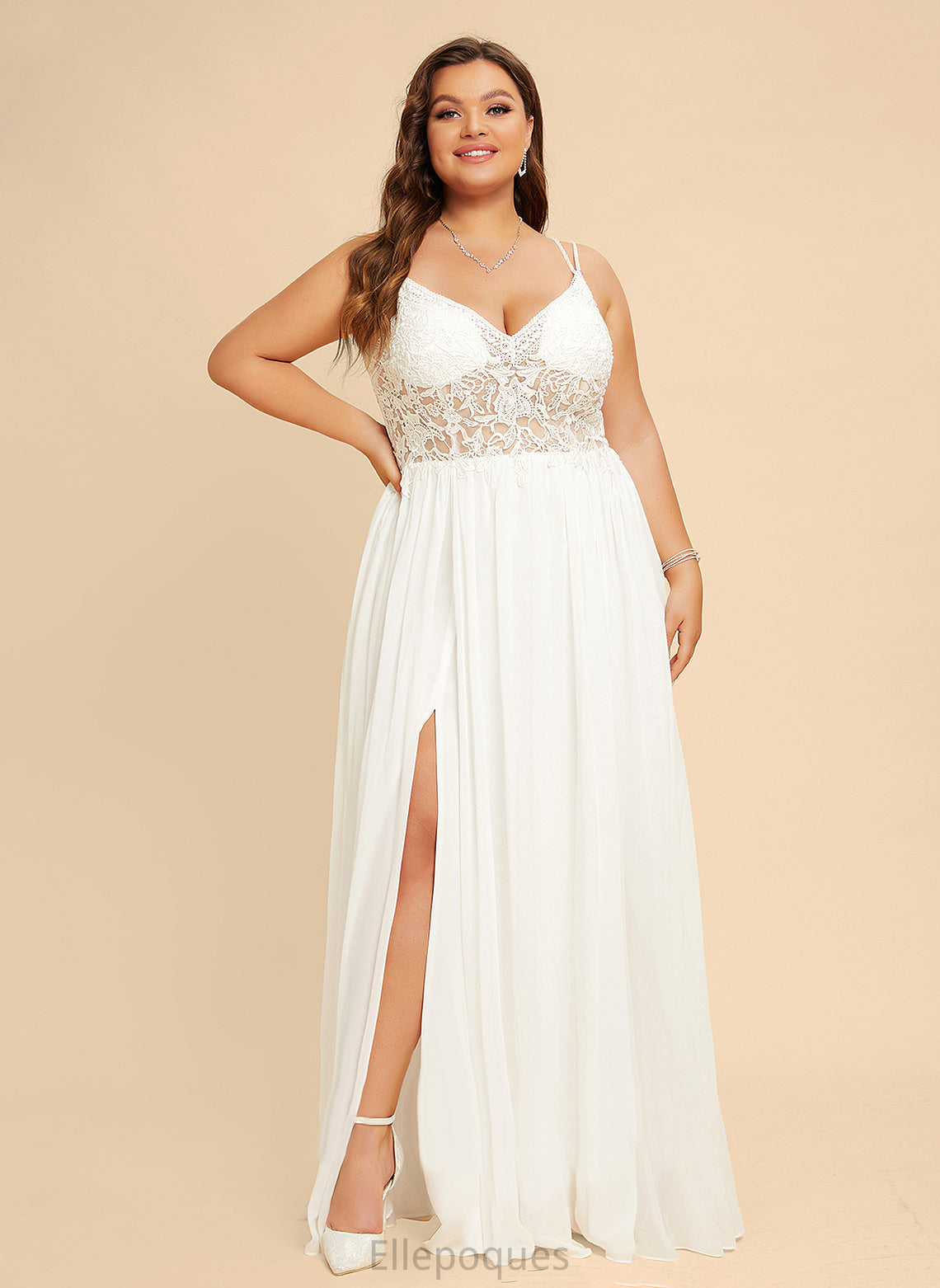 Dress Chiffon Wedding Dresses Beading Lace V-neck Roselyn A-Line Wedding Floor-Length With