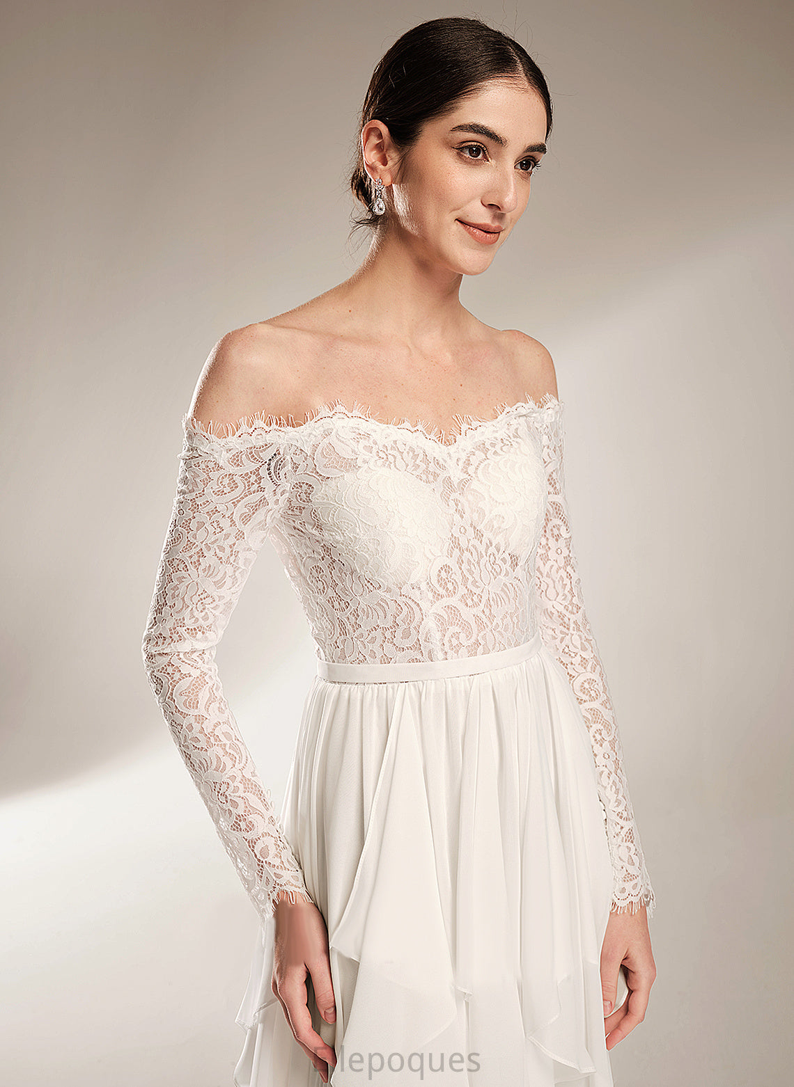 Ruffle Court Dress A-Line Chiffon Off-the-Shoulder Wedding Dresses Wedding Lace With Alissa Train