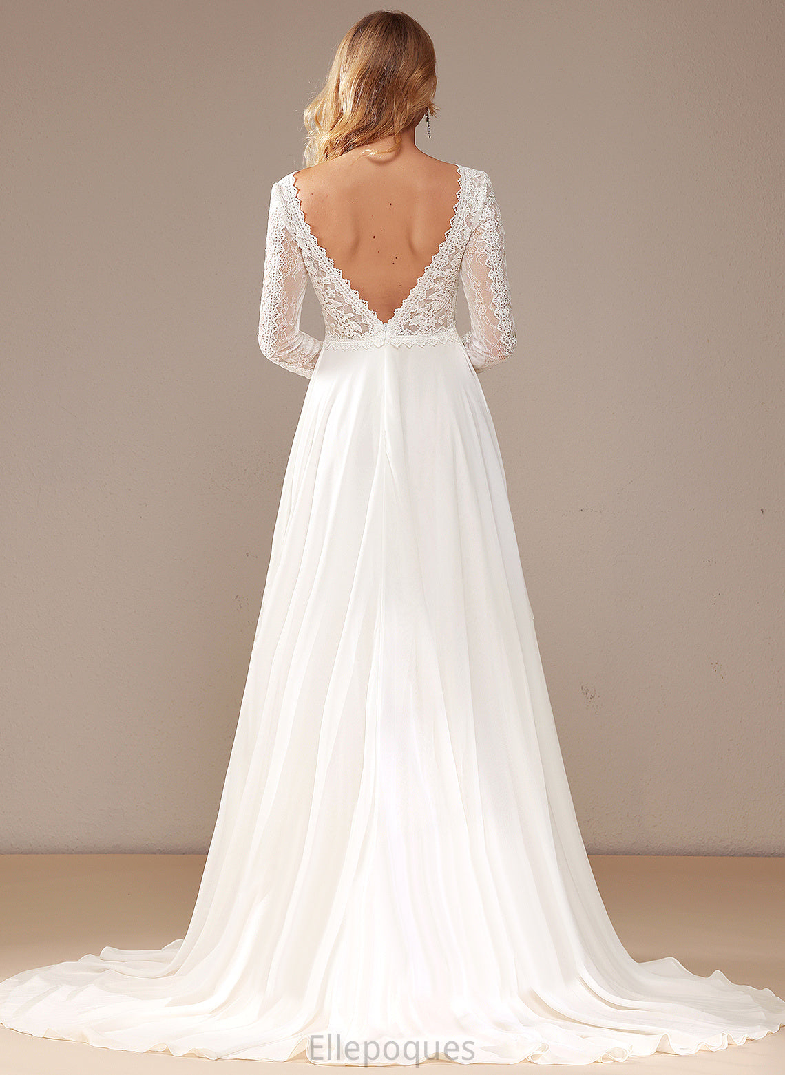 Chiffon Train Wedding Dresses Court Wedding Lace A-Line Dress Lace With Ruffle V-neck Karina