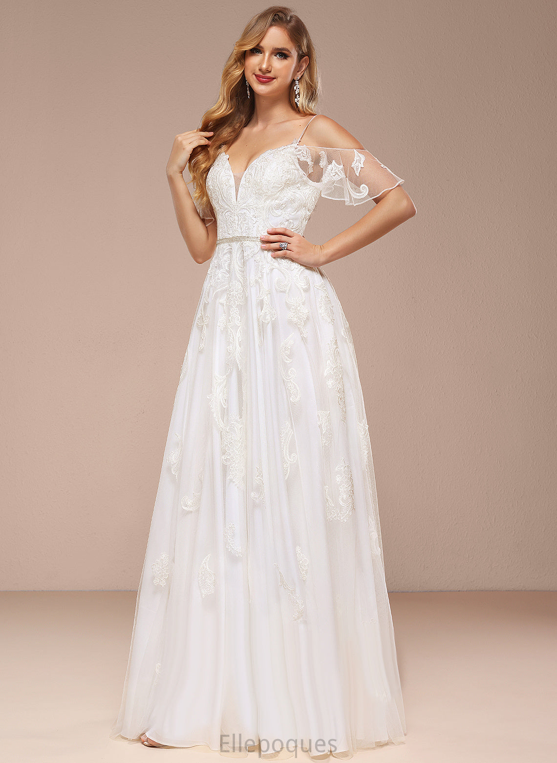 Beading Shoulder Wedding A-Line Lace Floor-Length Saige Cold Wedding Dresses Tulle With Sequins Dress