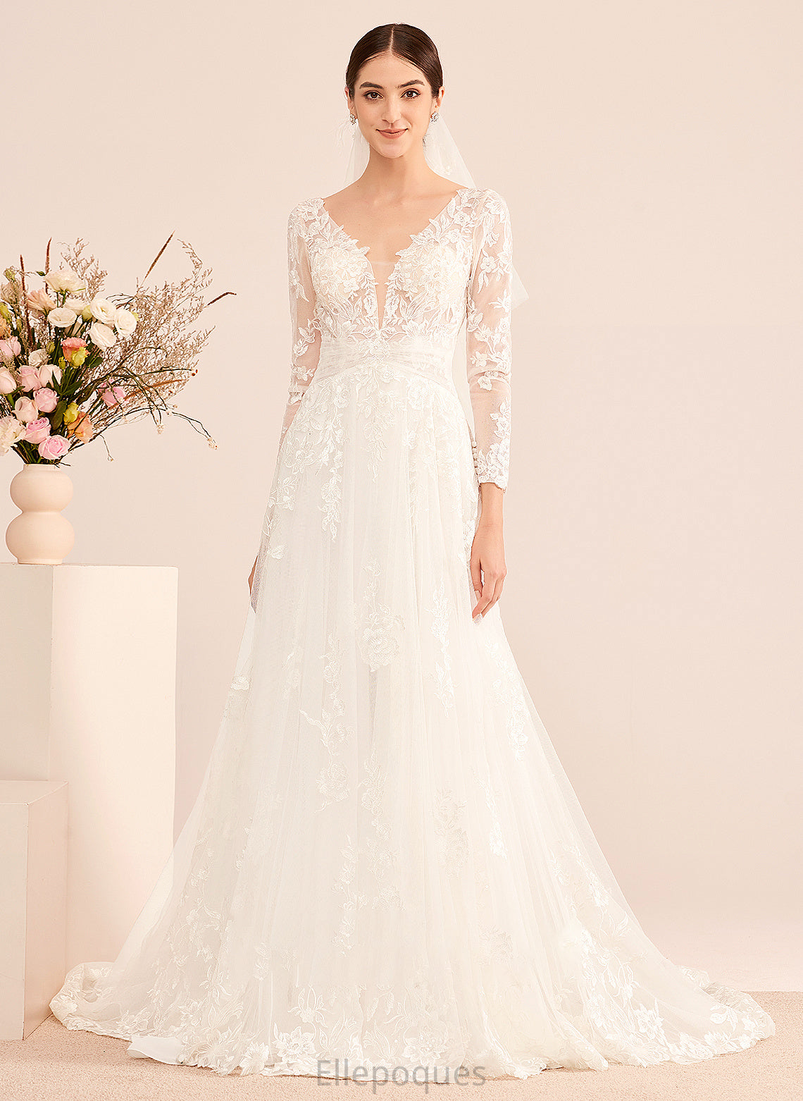 Sequins With Train Dress Beading Wedding Dresses Aurora A-Line V-neck Court Wedding