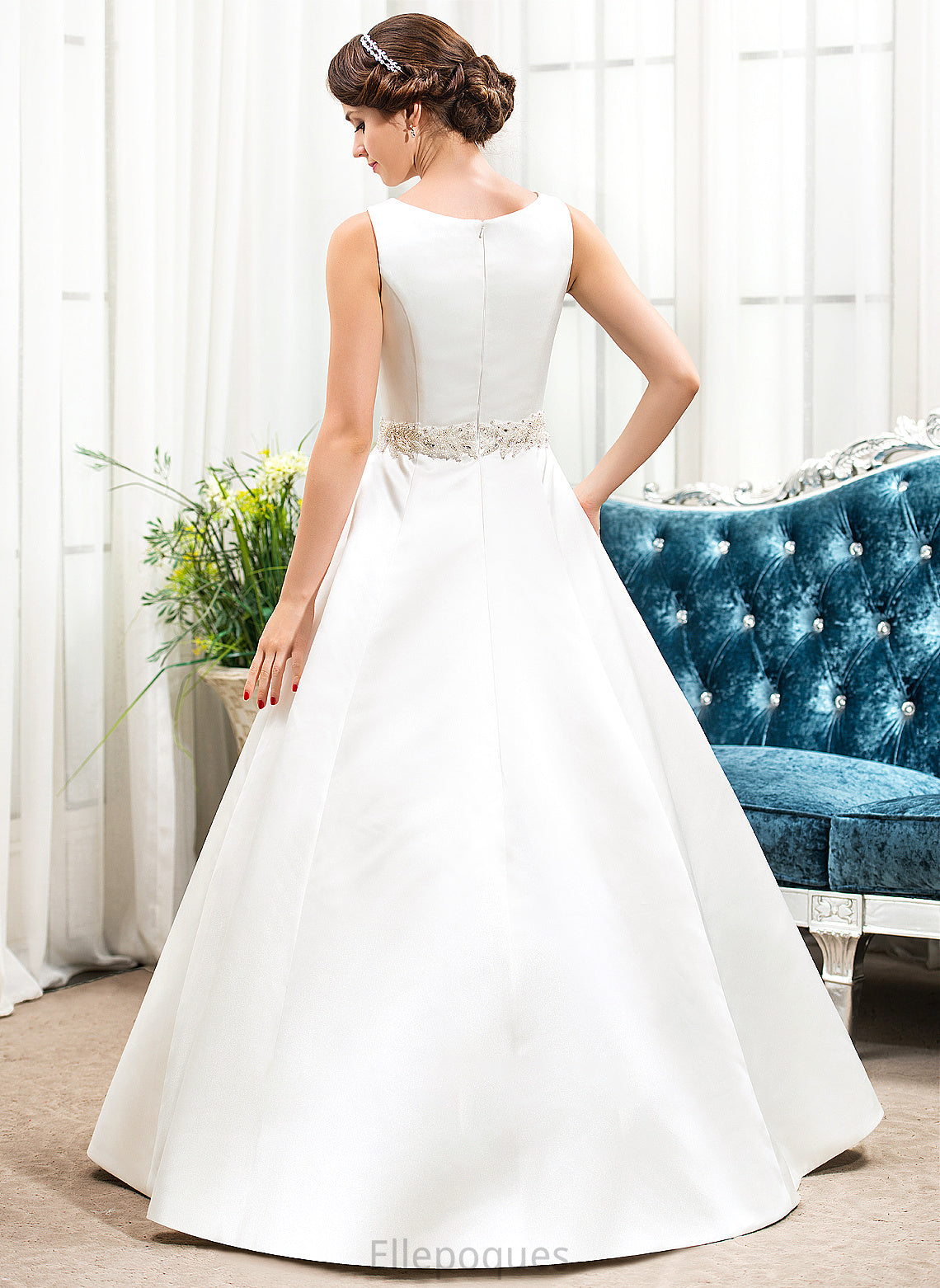 Ball-Gown/Princess Beading Neck Dress Ally Wedding Satin Floor-Length Scoop With Wedding Dresses Sequins