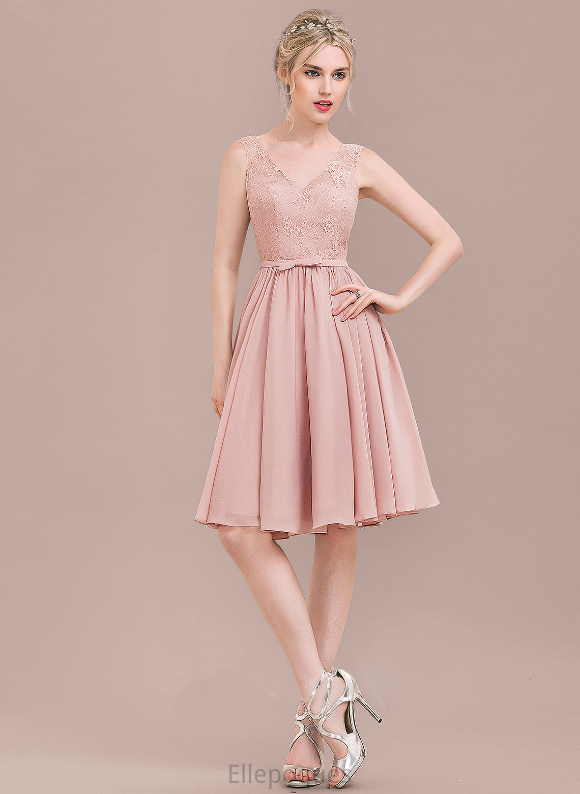 Lace A-Line Marisa Lace V-neck Homecoming Dresses With Dress Chiffon Bow(s) Homecoming Knee-Length