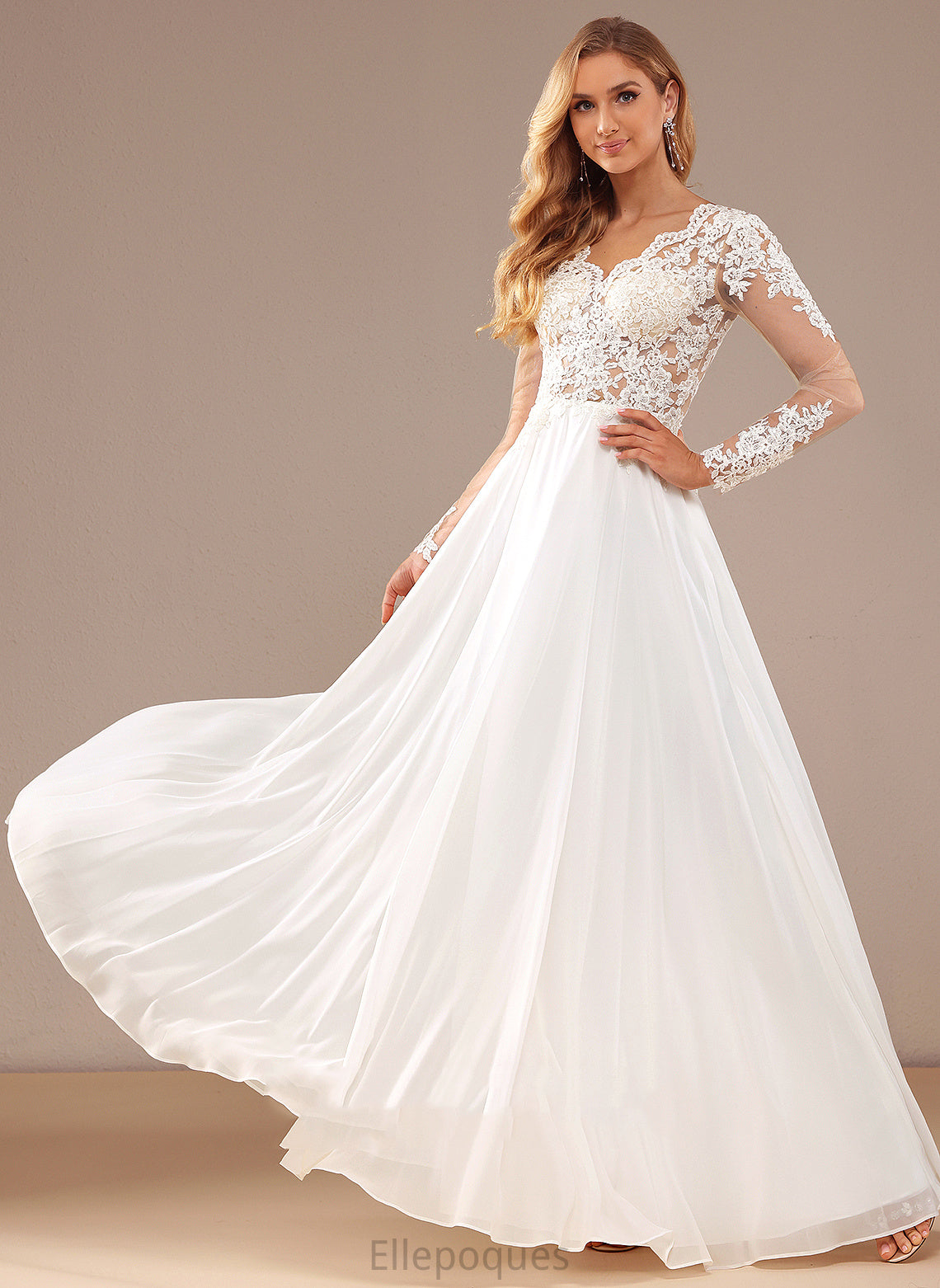 Sequins A-Line Dress Wedding Dresses V-neck Floor-Length Lace Chiffon Lace Wedding Ashlynn With