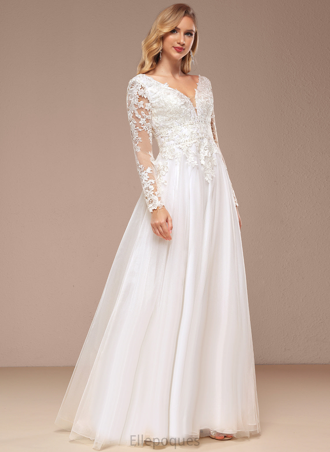 A-Line Dress Tulle Lace V-neck With Layla Sequins Floor-Length Wedding Dresses Beading Wedding