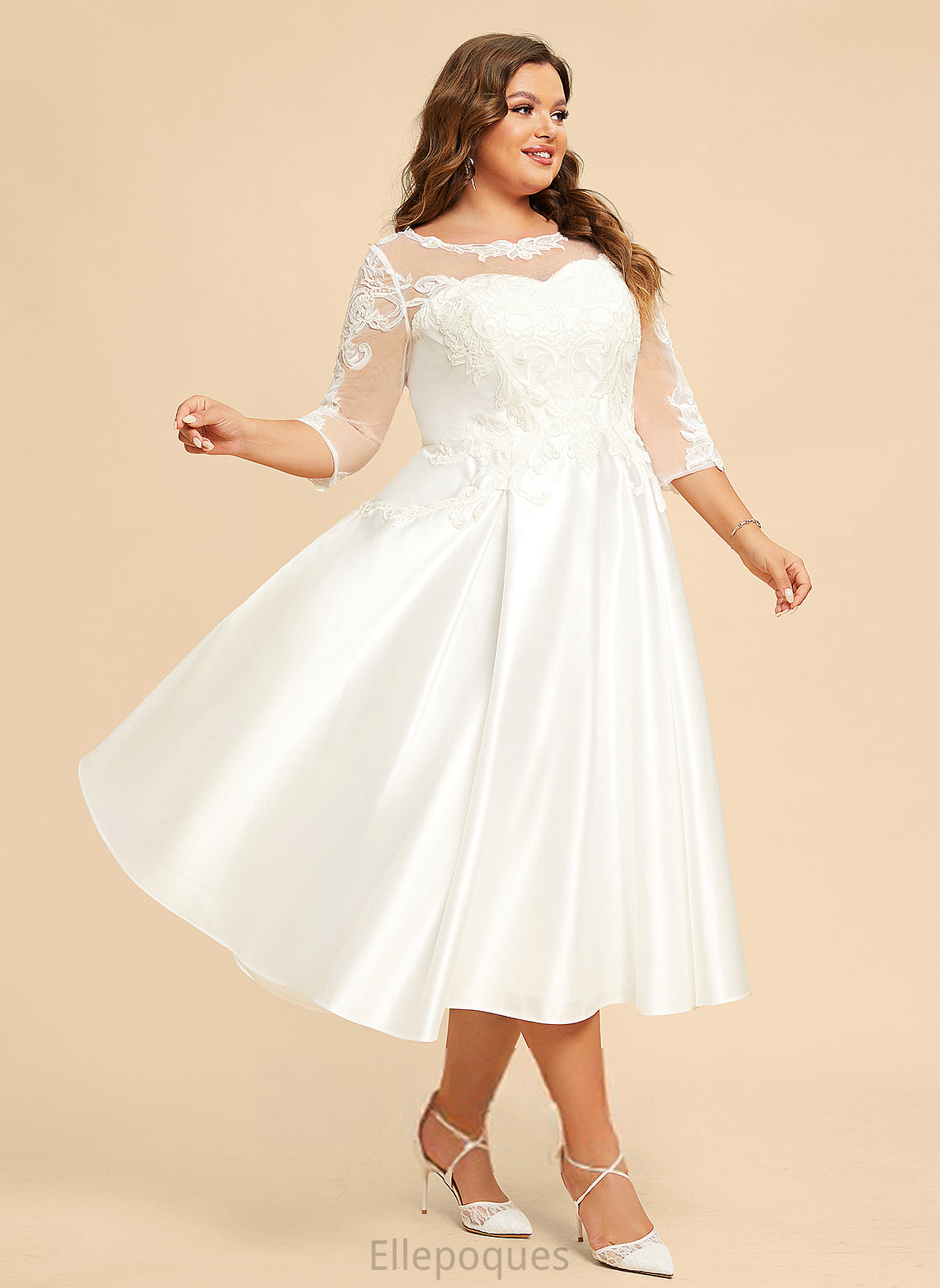 Wedding Tea-Length Magdalena A-Line Dress Illusion With Wedding Dresses Lace Satin