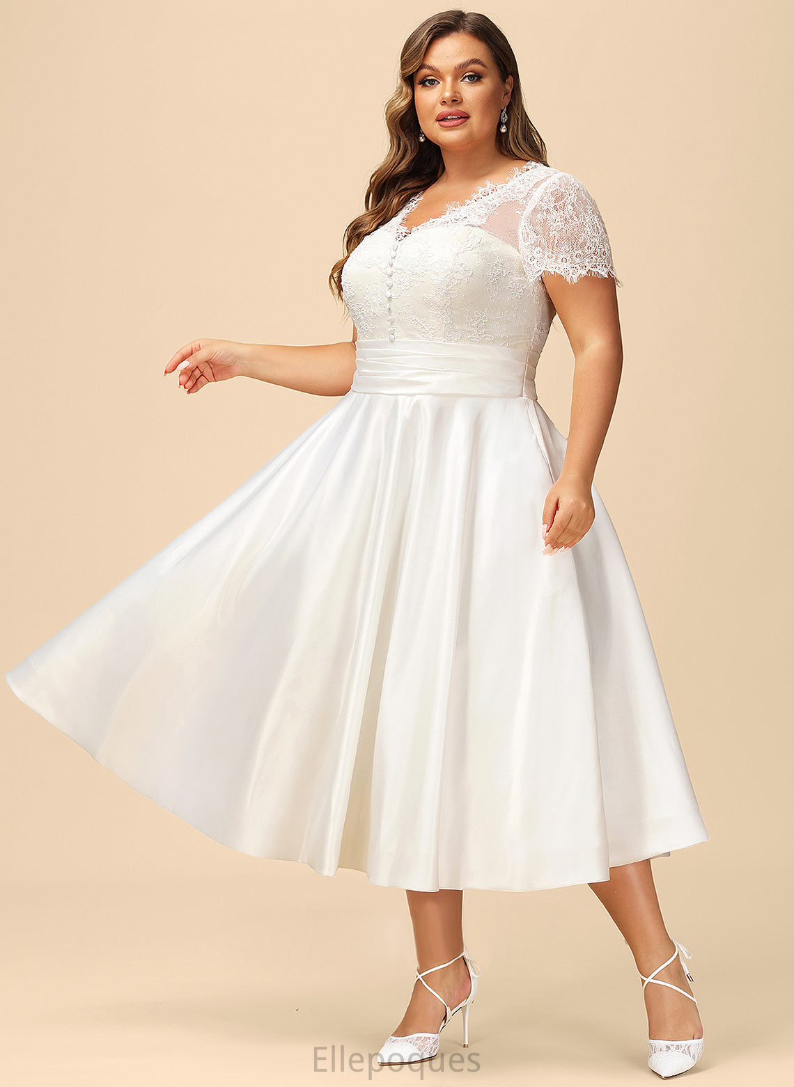 Satin Pockets A-Line Ruffle With Jada Dress Wedding Dresses Lace Tea-Length Wedding V-neck