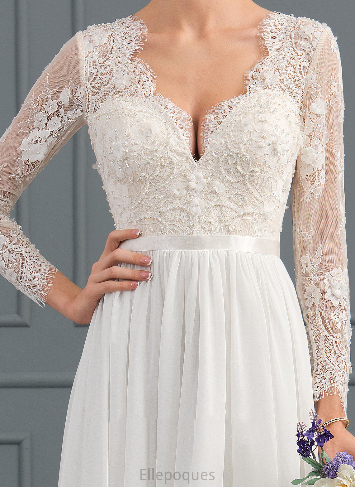 Sweep Wedding Dresses Sequins Train Dress Cassie With Lace Chiffon Wedding A-Line Beading V-neck