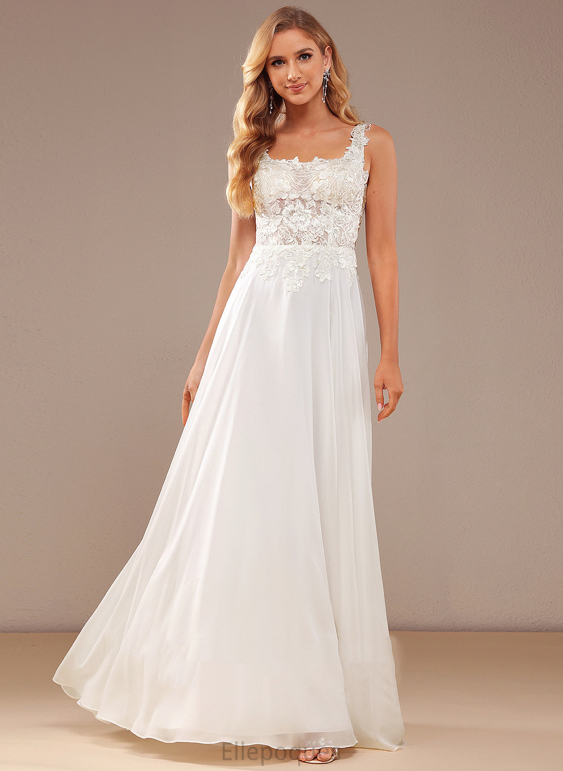 Chiffon Neckline Wedding Dresses A-Line Square Wedding Aubree Lace Floor-Length Dress Sequins With Lace