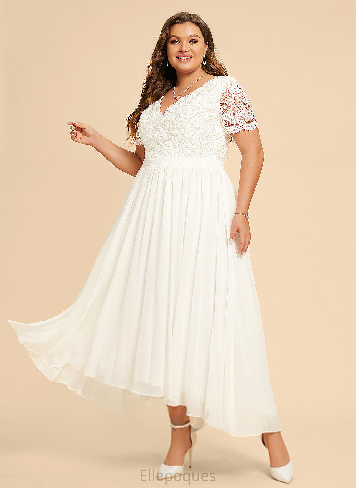 Wedding Saniya Wedding Dresses Lace Asymmetrical Chiffon A-Line Dress V-neck