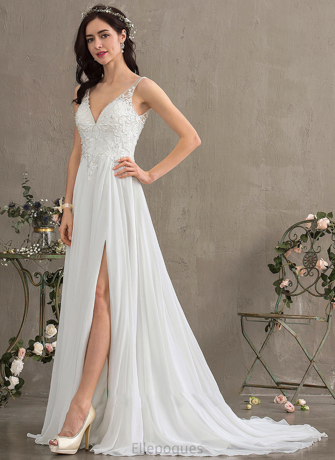 Front Wedding Dresses Chiffon Beading Sequins Aubree Split V-neck Dress With Sweep Wedding A-Line Train