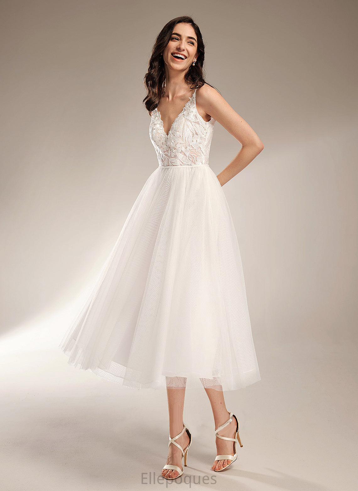 Tea-Length Joslyn Wedding Dress A-Line Wedding Dresses V-neck