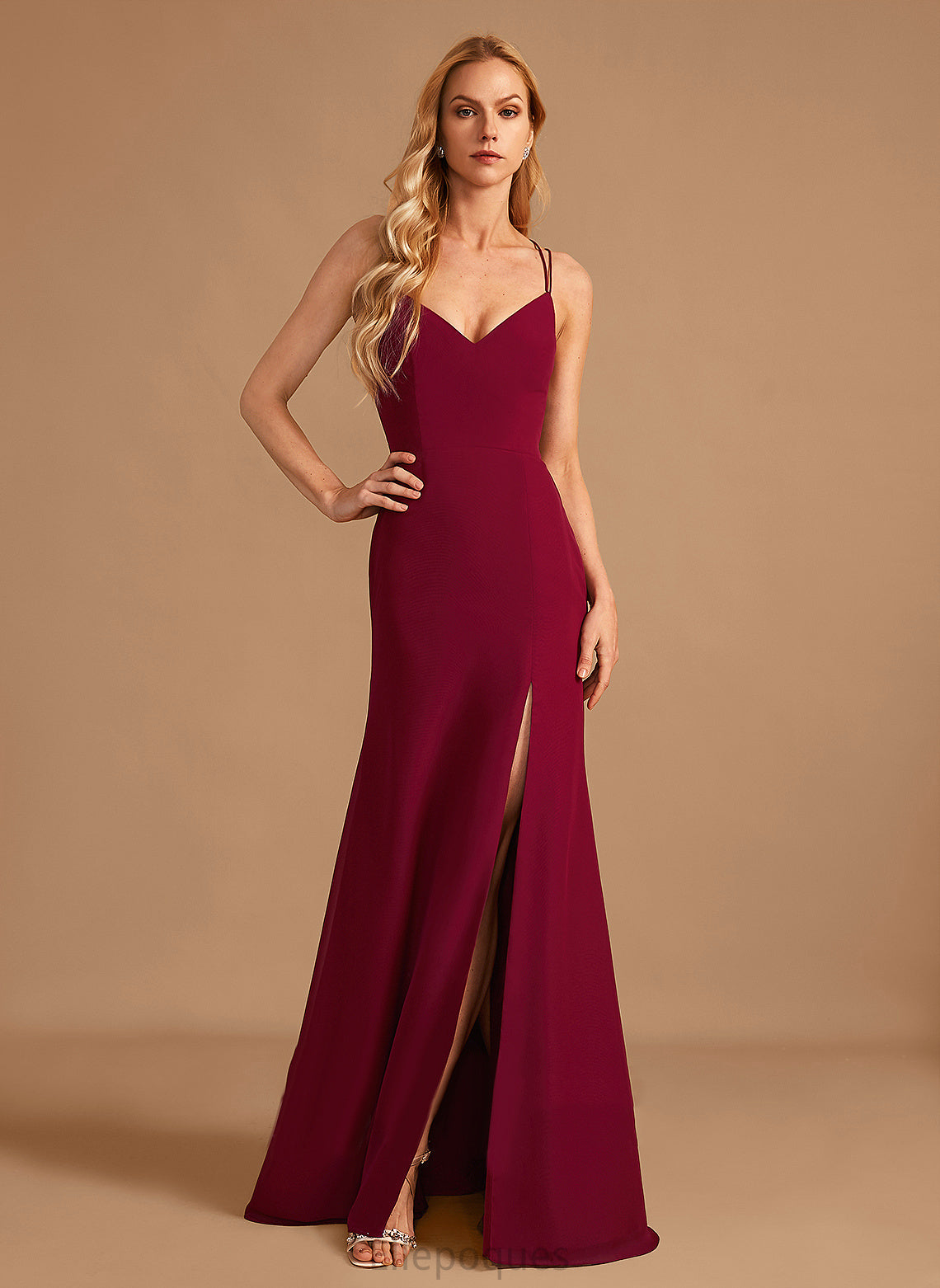 Embellishment Length SplitFront Floor-Length Fabric Silhouette Trumpet/Mermaid V-neck Neckline Nylah A-Line/Princess Natural Waist Bridesmaid Dresses