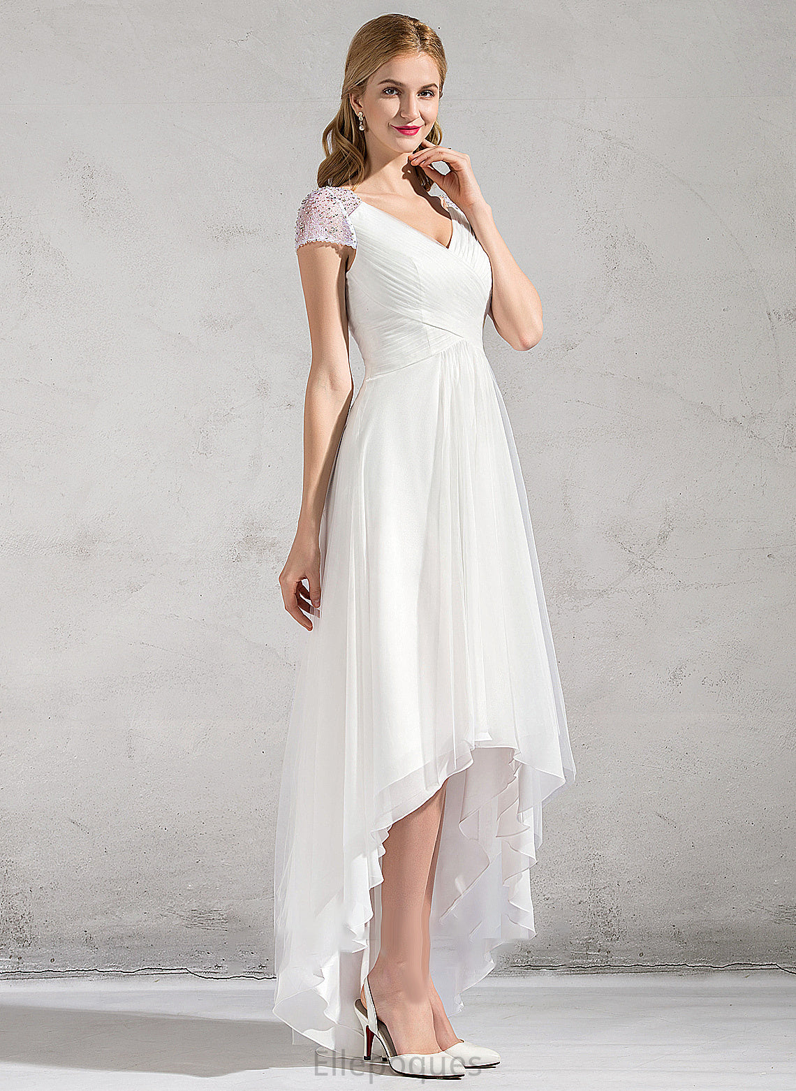 Samara Tulle Dress A-Line Wedding Dresses Ruffle Beading Sequins Wedding With V-neck Asymmetrical