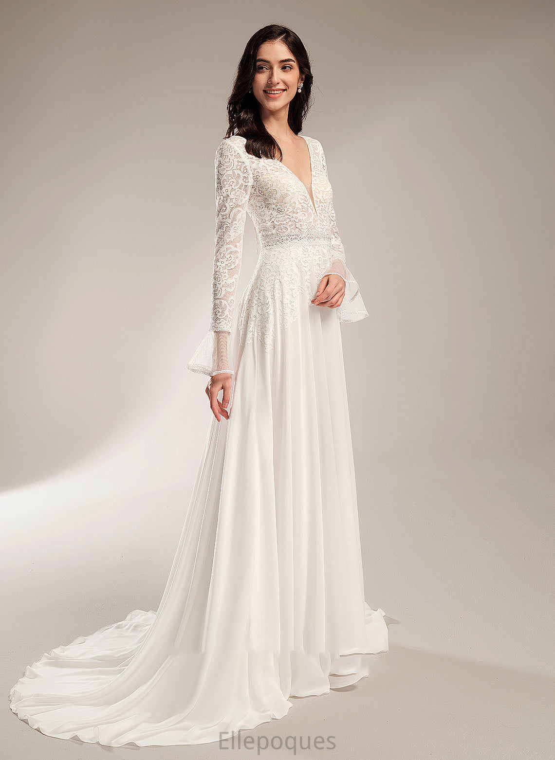 V-neck A-Line Wedding Court Wedding Dresses Dress With Ruffle Train Geraldine