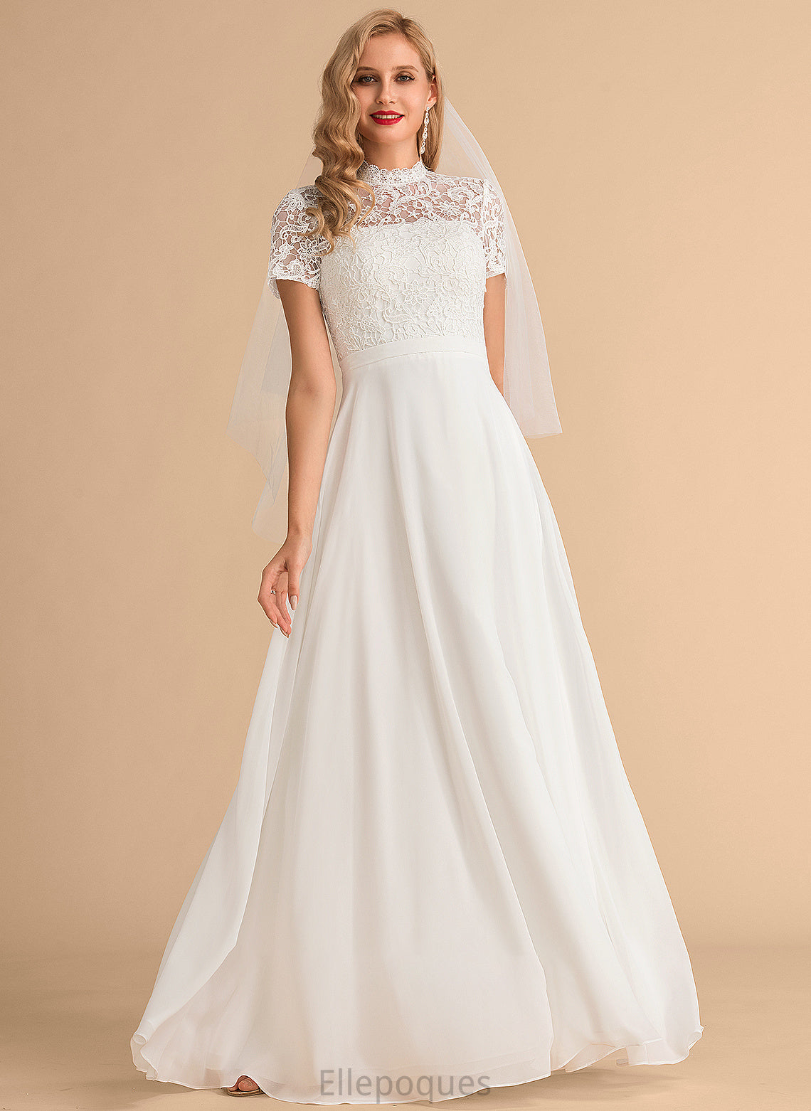 Dress Gretchen Floor-Length Wedding Dresses Neck High A-Line Wedding Chiffon Lace