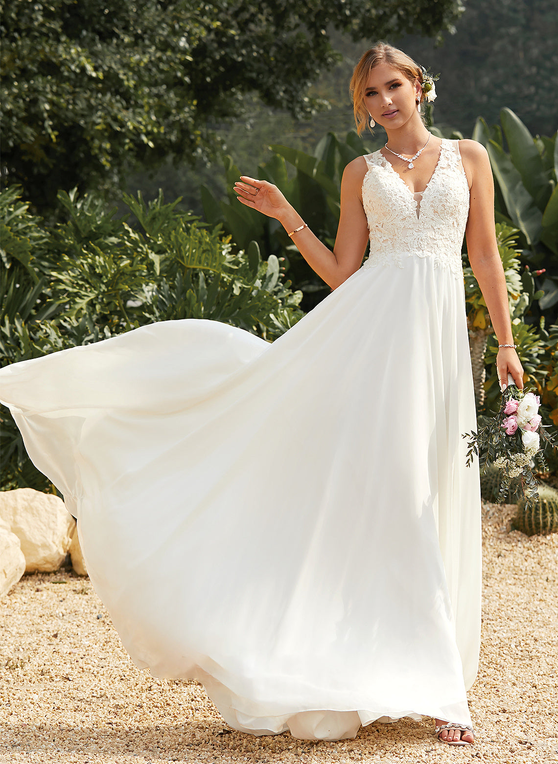 Lace Chiffon Wedding Dresses V-neck Dress Train With Sweep Noemi Lace Wedding A-Line