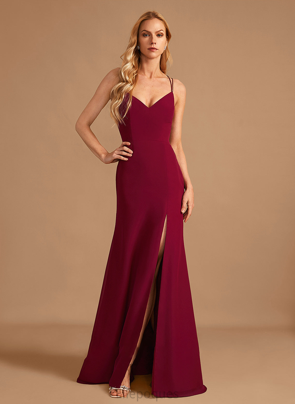 Floor-Length Neckline Length Embellishment Silhouette SplitFront Fabric Trumpet/Mermaid V-neck Lillian Natural Waist A-Line/Princess Bridesmaid Dresses