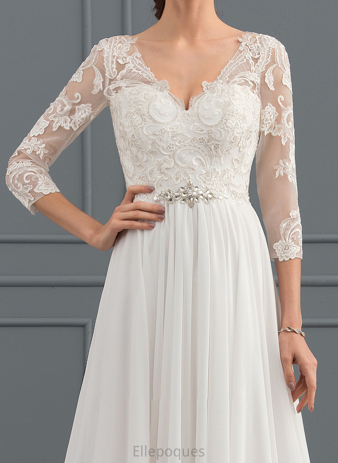 Wedding Dresses Train V-neck Dress Estrella Chiffon Beading Wedding Sweep With Lace Sequins A-Line