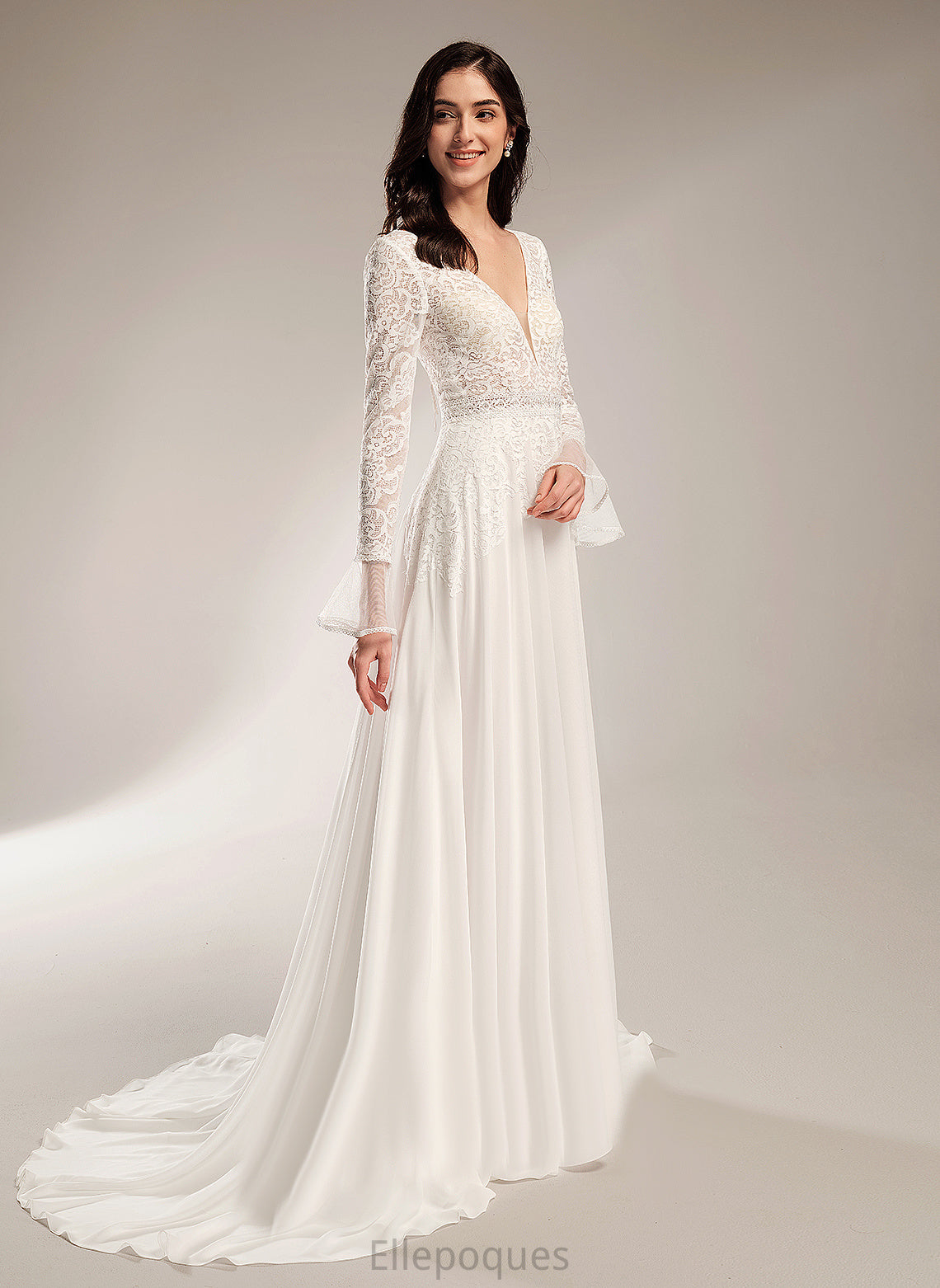 Mattie V-neck Ruffle With Train Dress A-Line Lace Wedding Wedding Dresses Chiffon Court