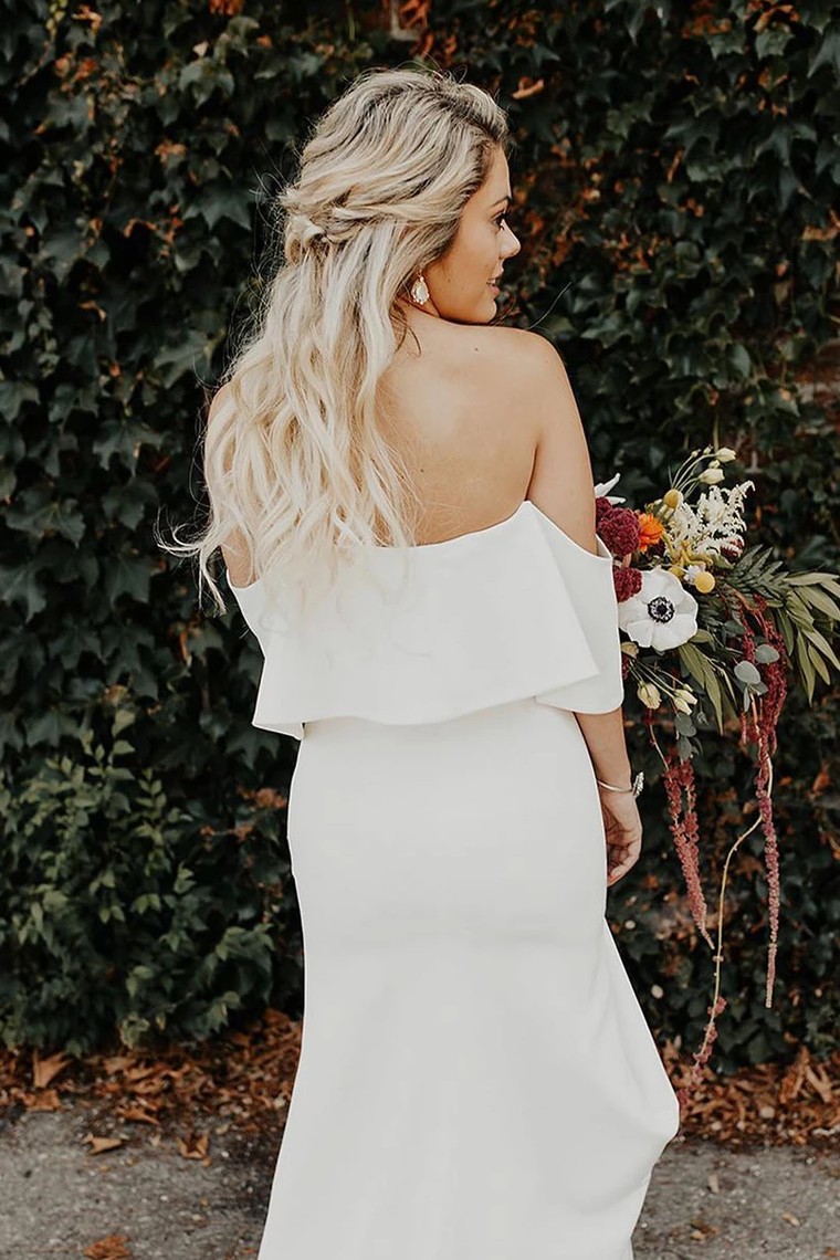 Mermaid Off The Shoulder Satin Wedding Dress With Slit Court Train