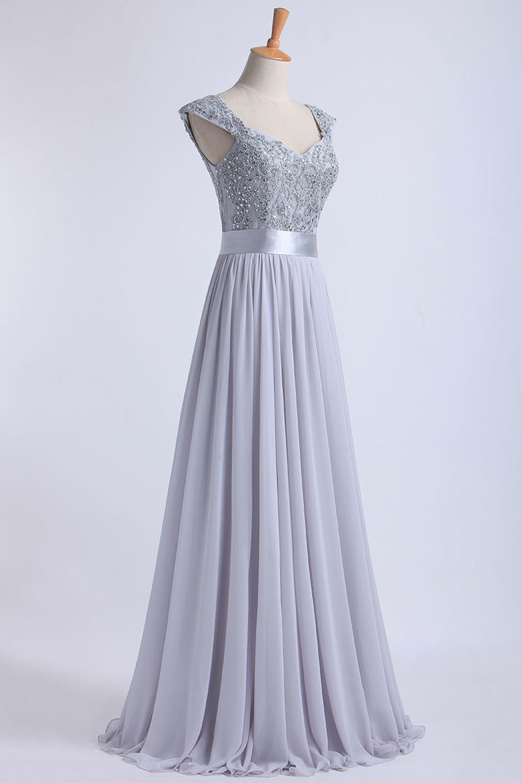 2024 Off The Shoulder A-Line Floor-Length Prom Dresses Beaded Bodice Tulle And Chiffon