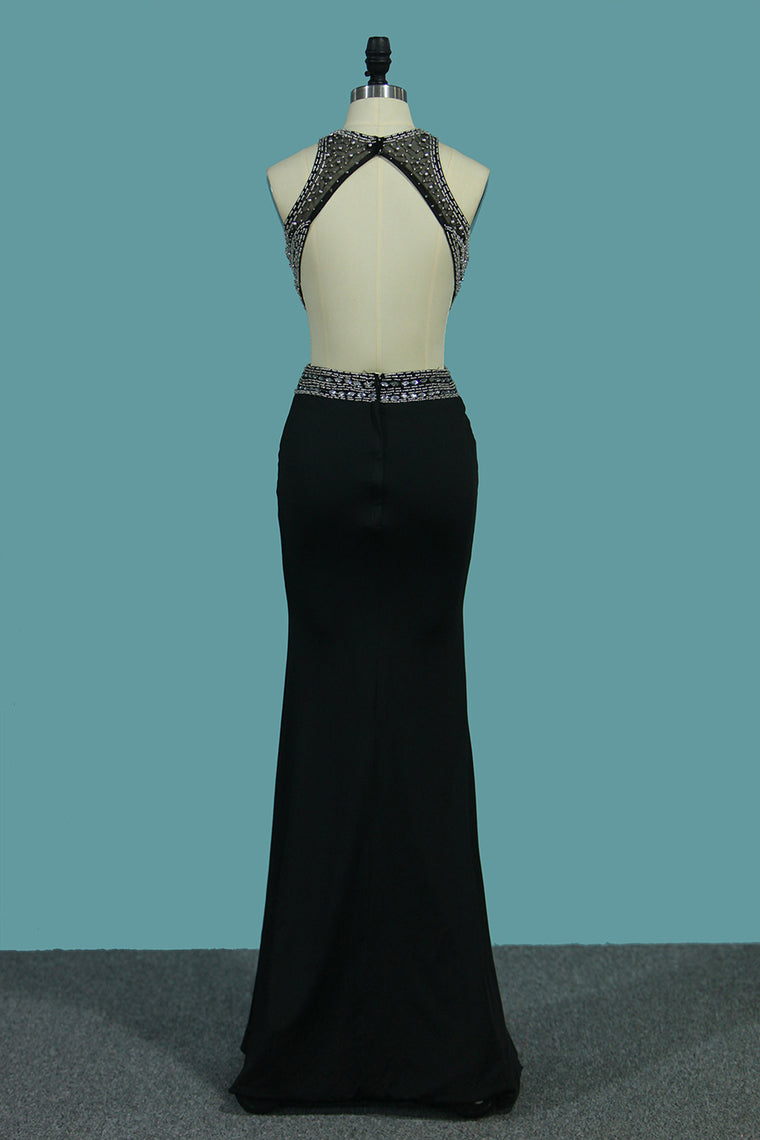 2024 Mermaid Prom Dresses Open Back Scoop With Beads And Slit