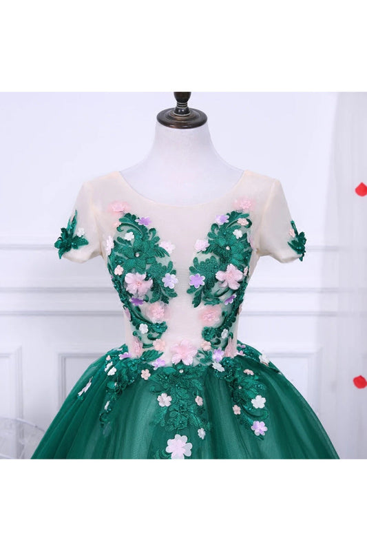 A Line Short Sleeves Tulle Floral Appliques Short Homecoming Dresses