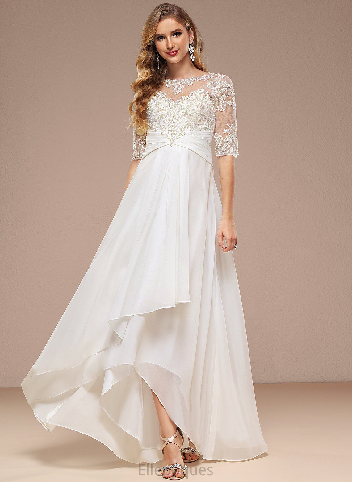 Wedding Asymmetrical Jessica Chiffon Dress Wedding Dresses Neck Boat A-Line Lace