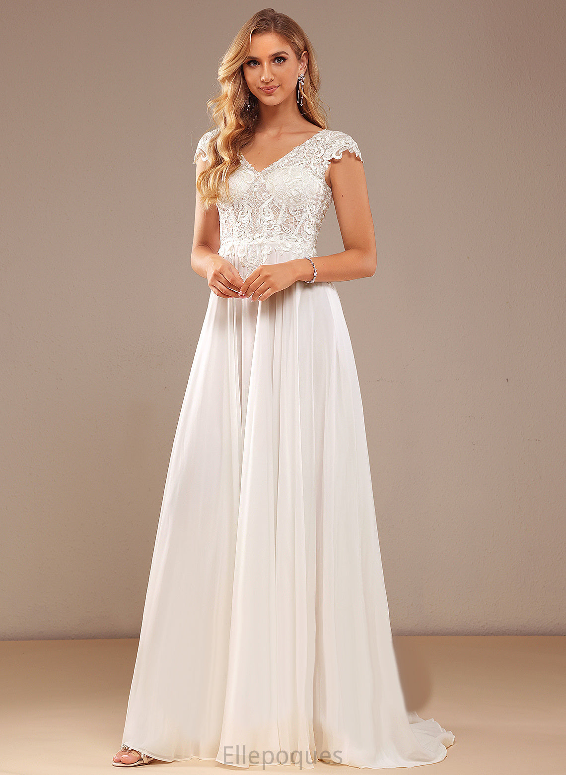 Lace Dress Lace Sweep Chiffon Train With Wedding V-neck A-Line Abigayle Wedding Dresses