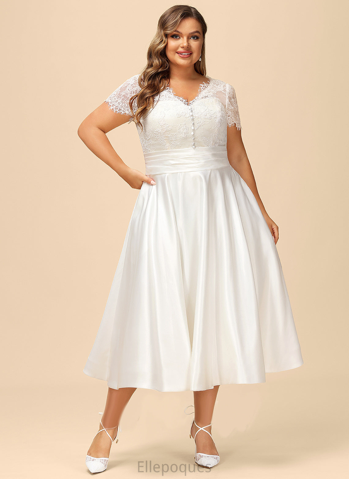 Satin Pockets A-Line Ruffle With Jada Dress Wedding Dresses Lace Tea-Length Wedding V-neck