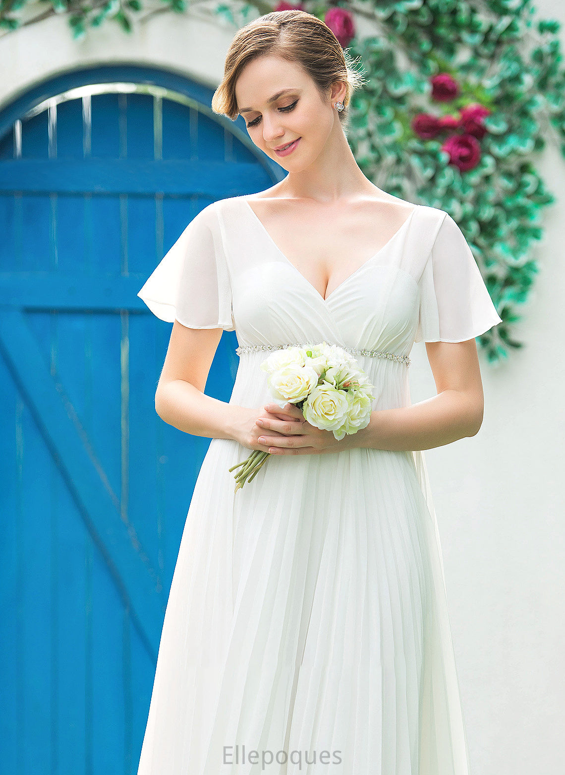 Floor-Length Beading Julissa Wedding With Pleated Wedding Dresses V-neck Chiffon Dress Empire