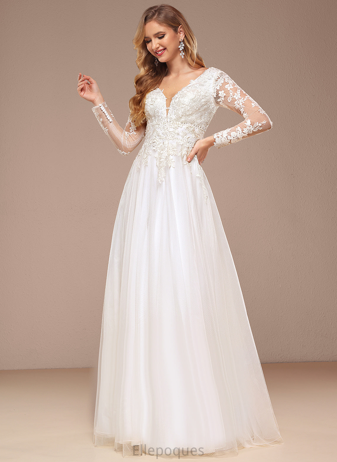 A-Line Dress Tulle Lace V-neck With Layla Sequins Floor-Length Wedding Dresses Beading Wedding