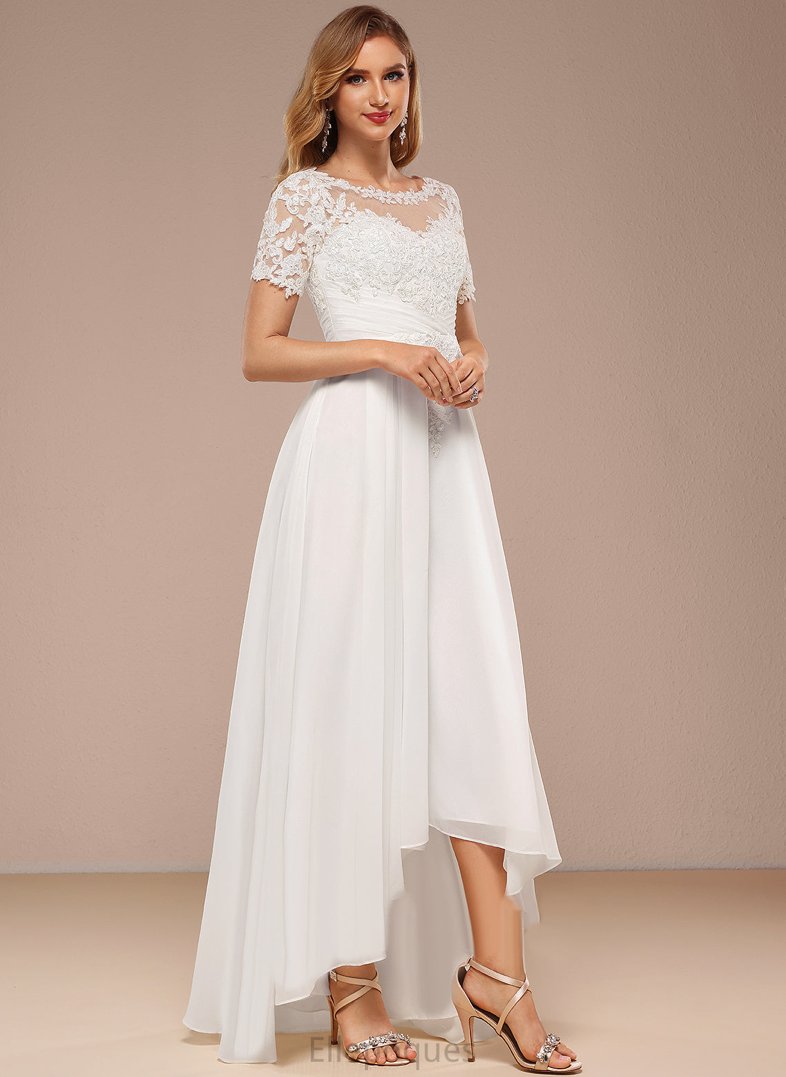 Gladys Wedding Dresses Chiffon Neck Wedding Lace Dress A-Line Boat Asymmetrical