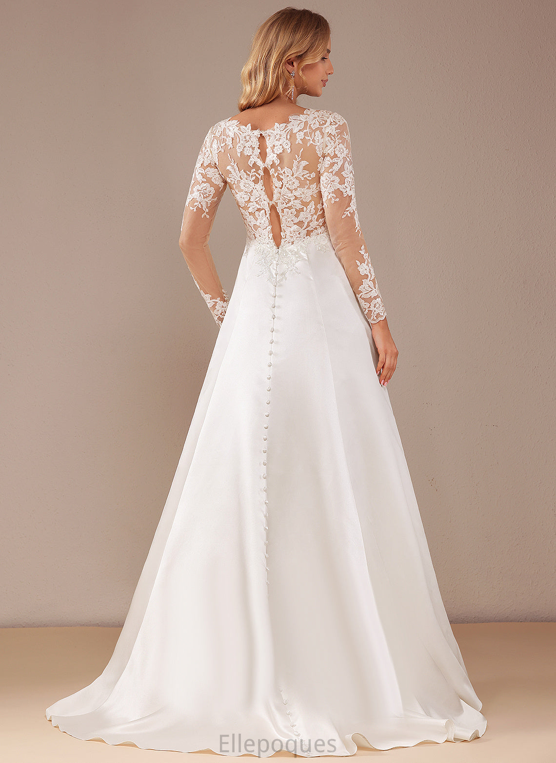 Wedding Dress A-Line Court V-neck With Train Lace Satin Sequins Lace Maria Wedding Dresses