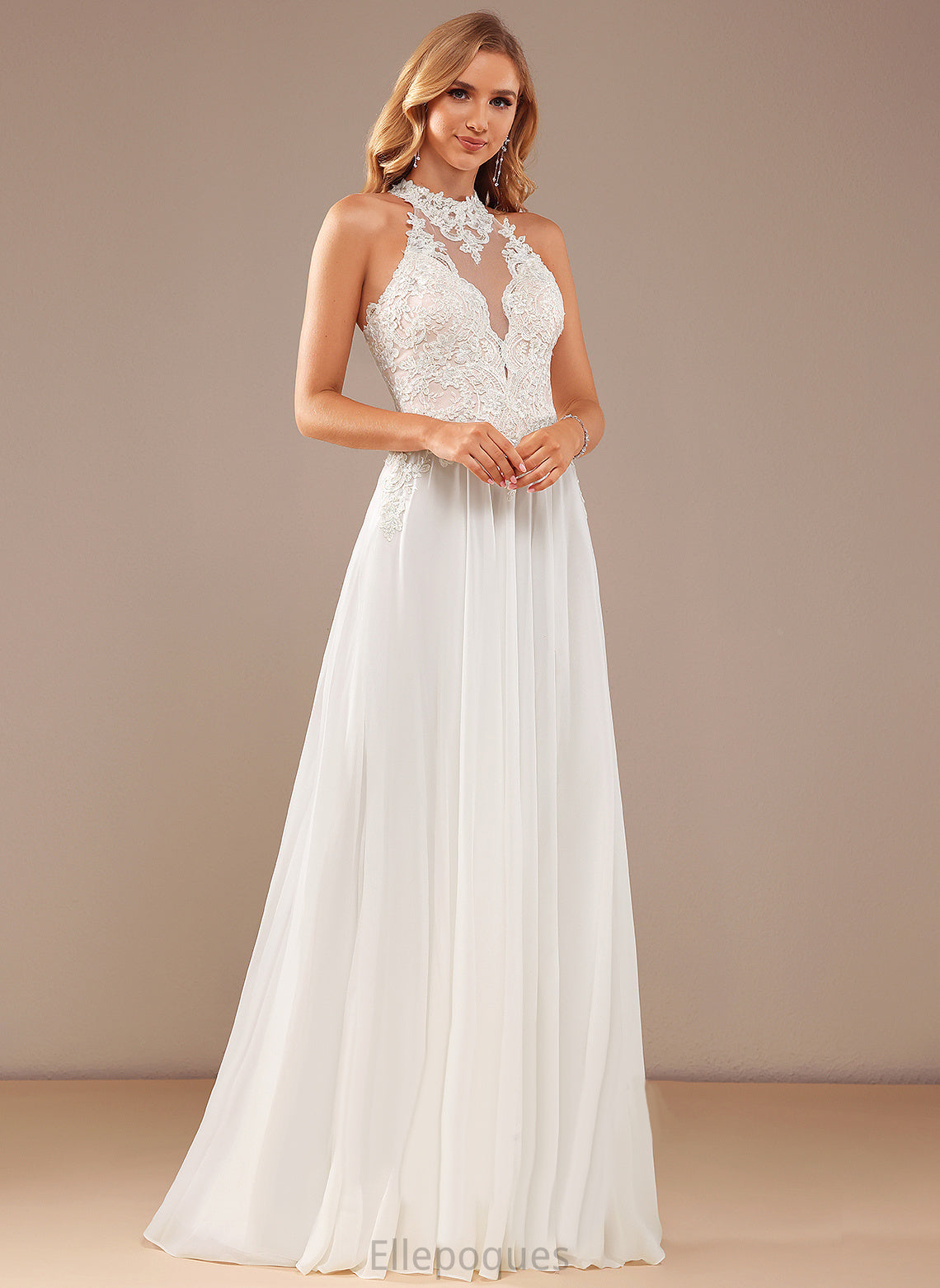 With Beading Front Lace Neck Wedding Dresses Floor-Length Lace Sequins High Chiffon Brylee Dress A-Line Wedding Split