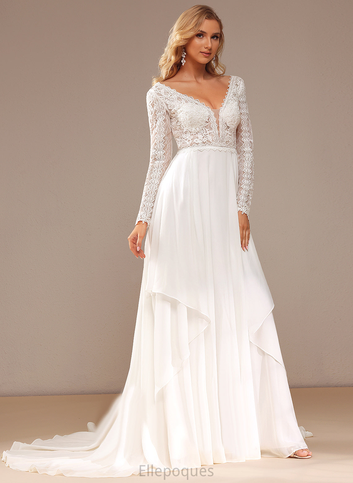 Chiffon Train Wedding Dresses Court Wedding Lace A-Line Dress Lace With Ruffle V-neck Karina