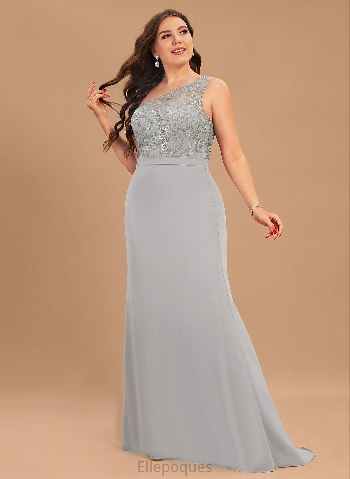 Silhouette One-Shoulder SweepTrain Fabric Neckline Sequins Embellishment Length Trumpet/Mermaid Christina A-Line/Princess Natural Waist Bridesmaid Dresses