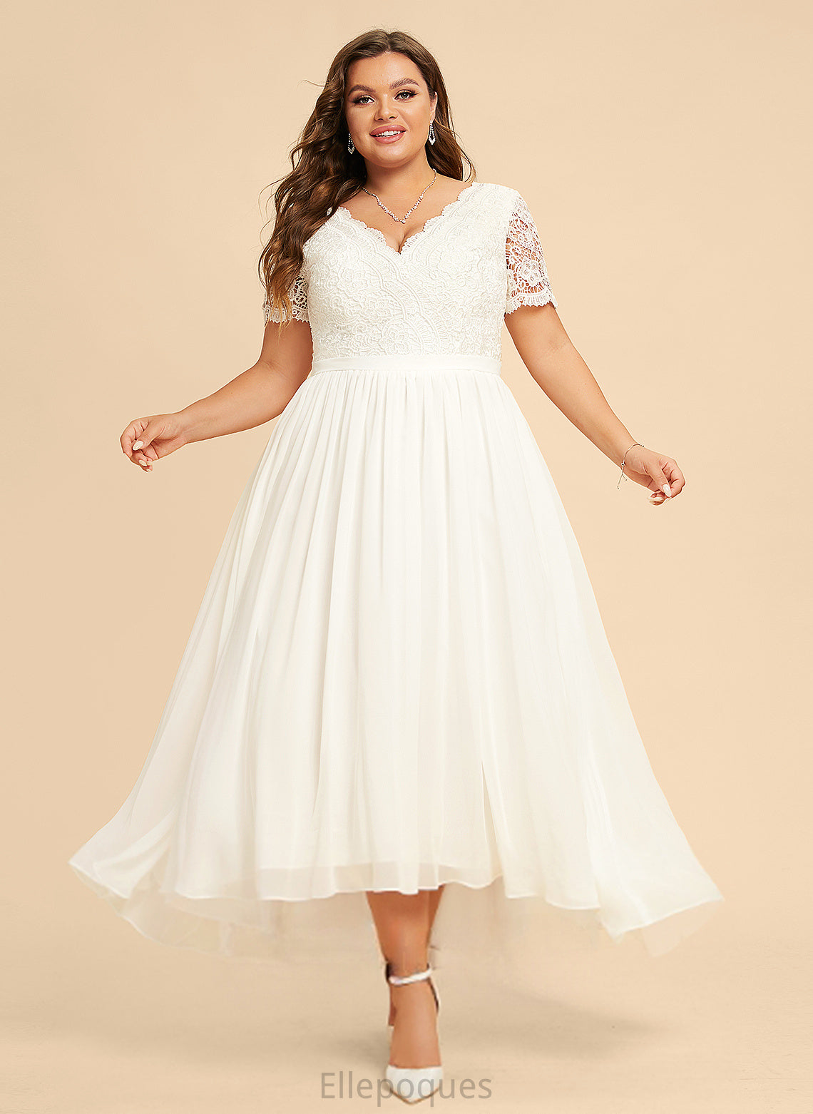 Wedding Saniya Wedding Dresses Lace Asymmetrical Chiffon A-Line Dress V-neck