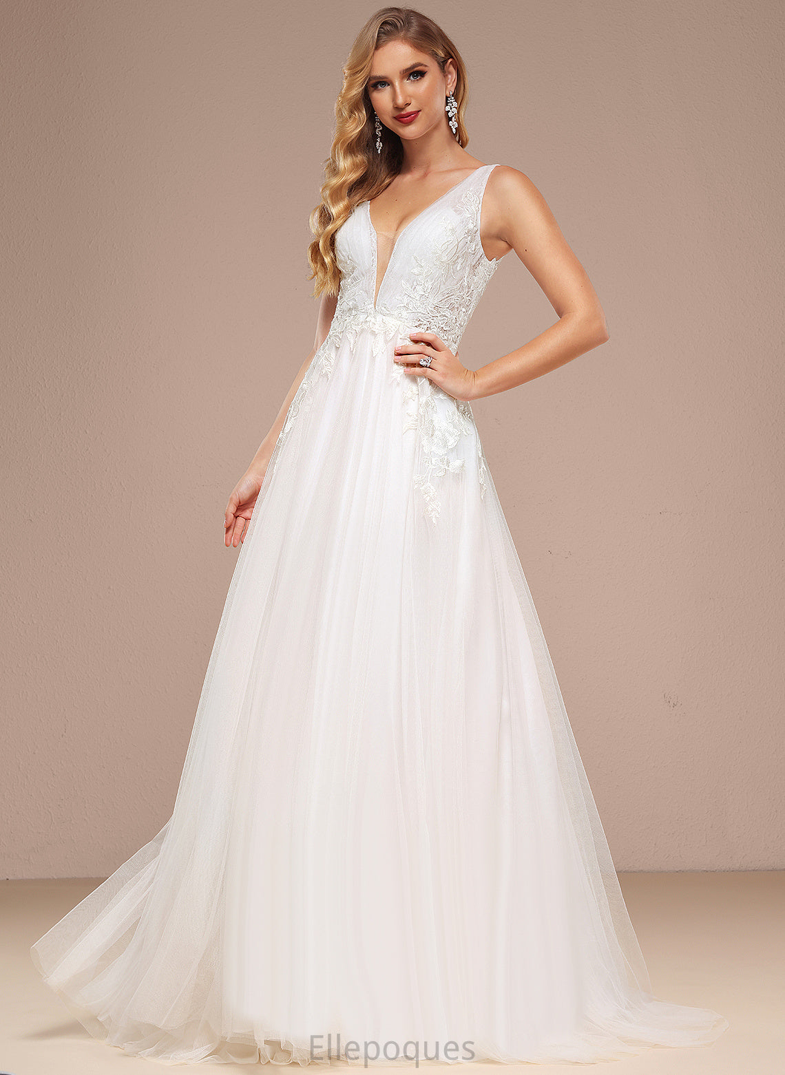 Lace Sweep Wedding Sequins Wedding Dresses With A-Line Elvira Dress Train V-neck Tulle