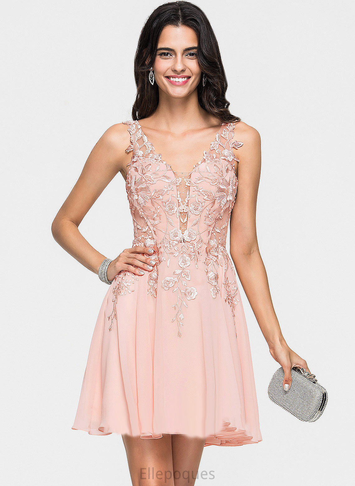 Beading Chiffon Homecoming A-Line Lace Dress Short/Mini With Homecoming Dresses Myla V-neck