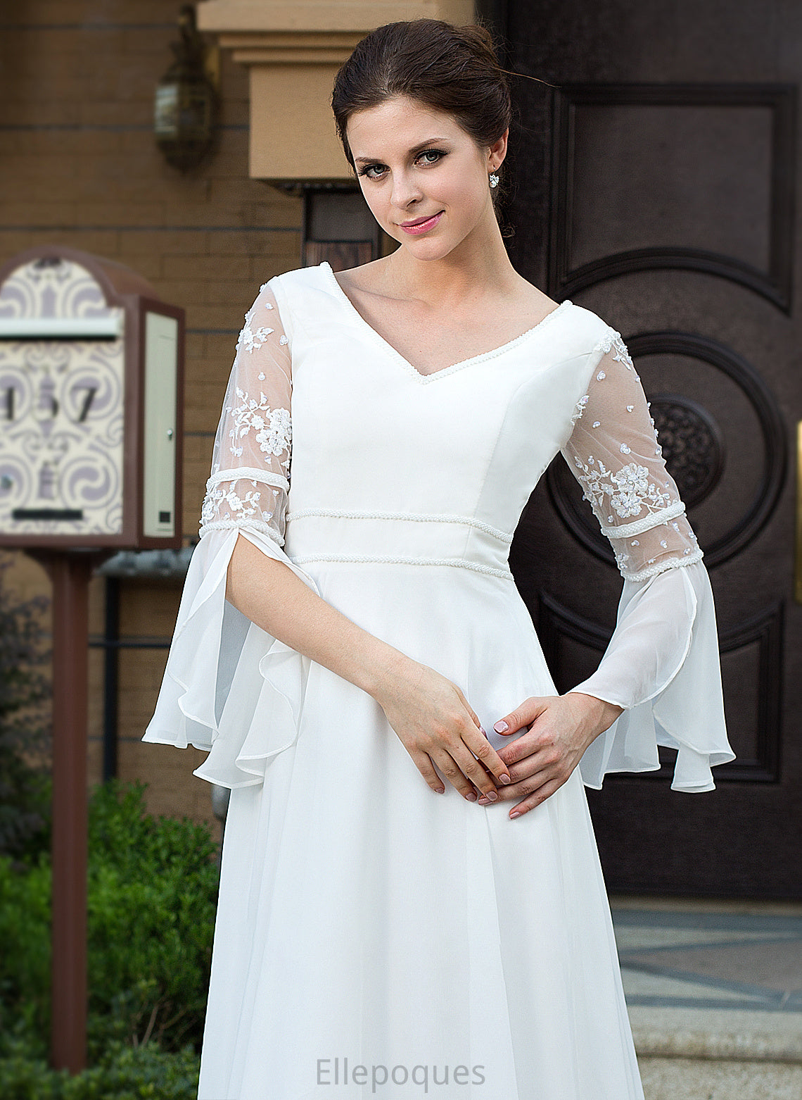 Court Beading Wedding Dresses Chiffon V-neck Train With Hadassah Lace Wedding A-Line Dress